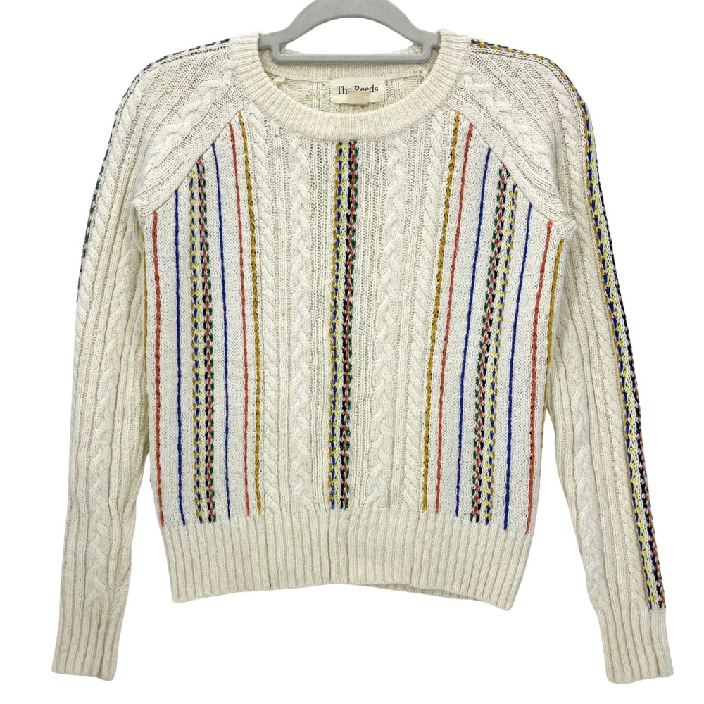 The Reeds Cream Cable Knit Striped Sweater XXS Multi-Color Cotton Silk Blend